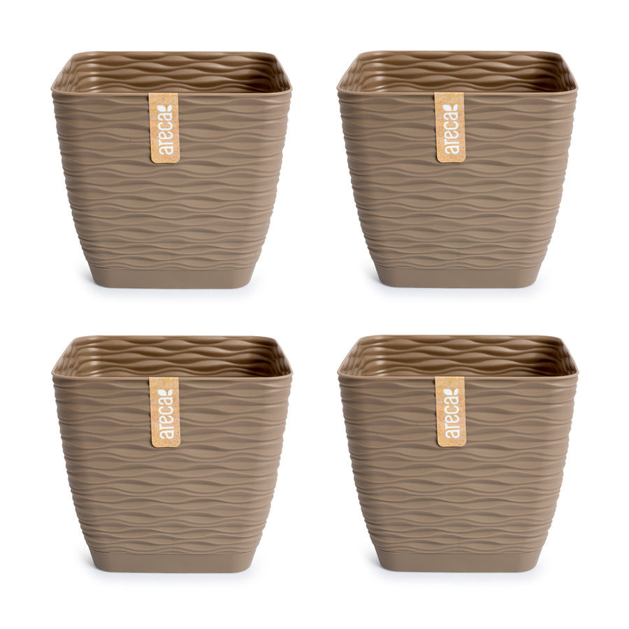 Areca Wind - Set de 4 Macetas Decorativas Cuadradas 15 cm con Platos Integrados. Taupe