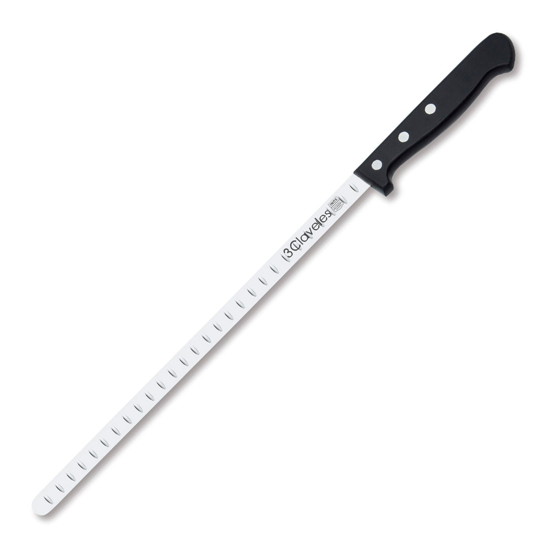 3 Claveles POM - Cuchillo Jamonero Alveolado Profesional Estrecho 29 cm Acero Inoxidable