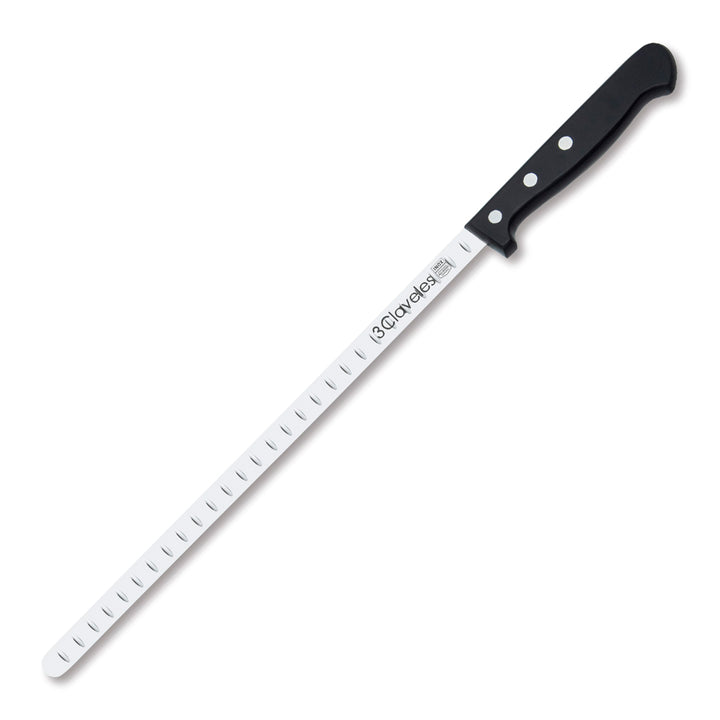 3 Claveles POM - Cuchillo Jamonero Alveolado Profesional Estrecho 29 cm Acero Inoxidable