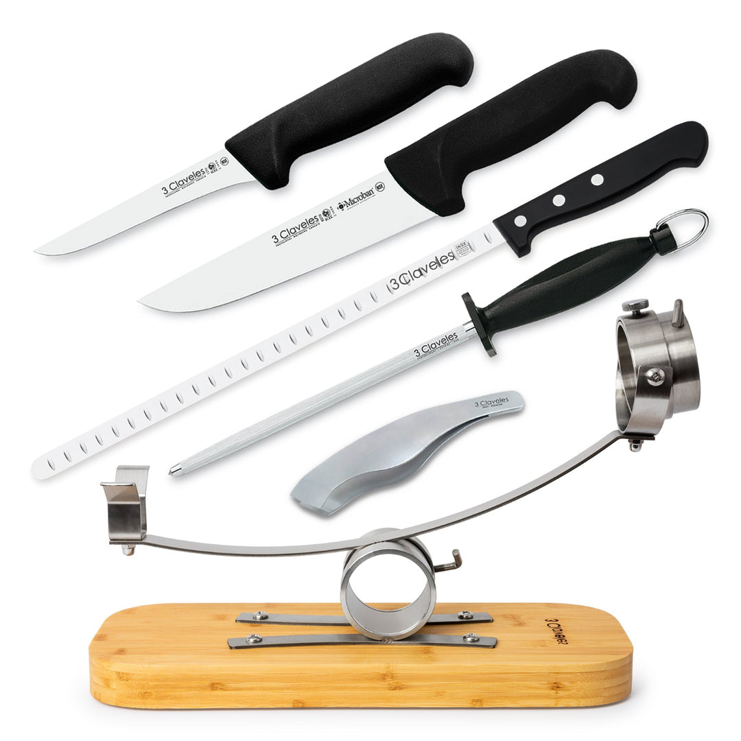 3 Claveles Kit Gourmet Soporte Jamonero Basculante y Cabezal Giratorio, Cuchillos y Pinzas