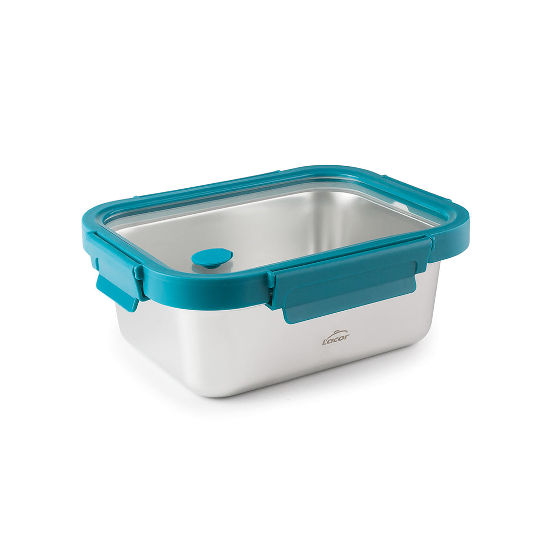 Lacor Etern - Recipiente Rectangular de 0.8L en Acero y Tapa de Cristal Apto Microondas