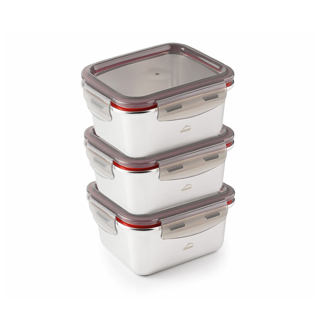 LACOR EcoInox - Lote de 3 Recipientes Rectangulares Baby de 0.25L en Acero Apto Microondas