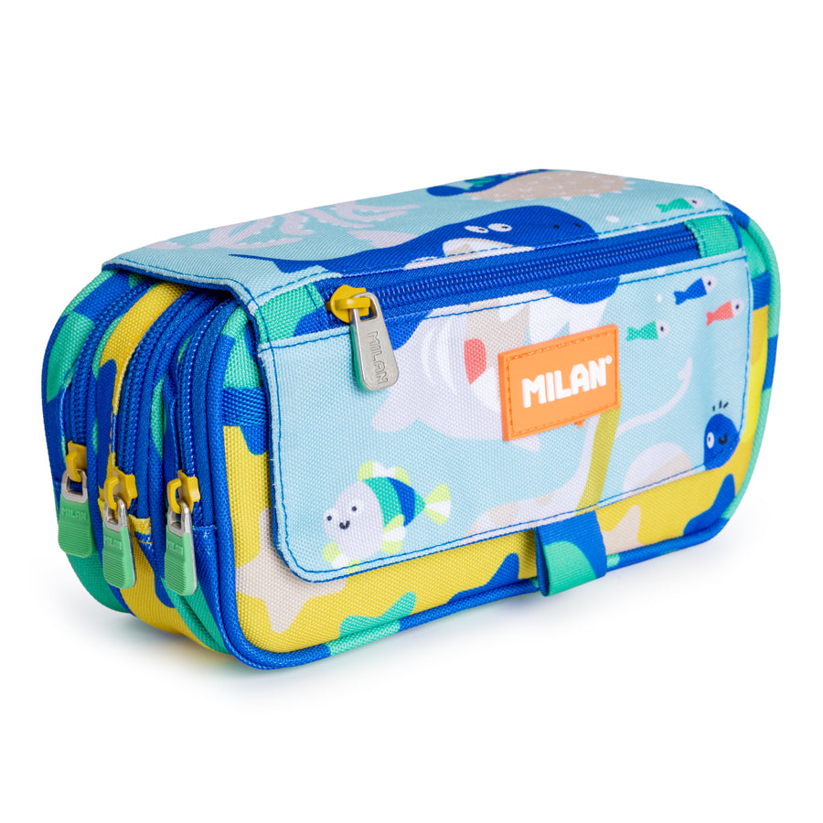 Milan Blue Odyssey - Estuche Portatodo Triple con Cuatro Cremalleras para Material Escolar