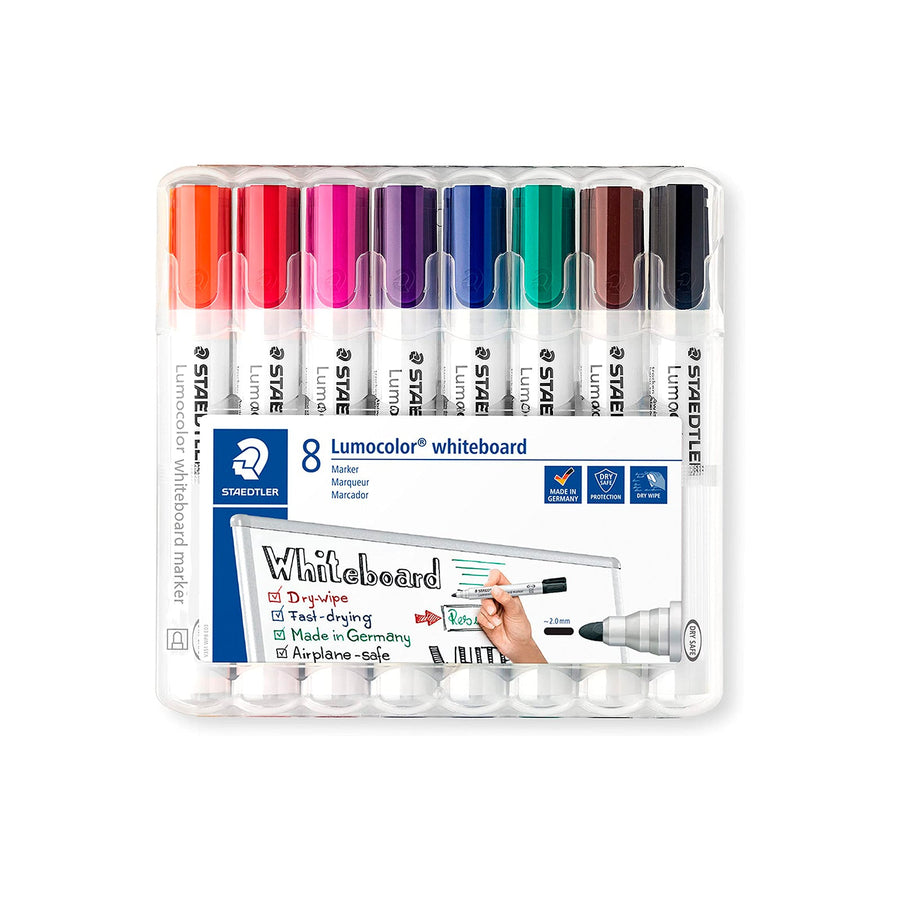 STAEDTLER Lumocolor - Set 8 Rotuladores Marcadores Pizarra Blanca Punta Redonda 2 mm. Colores Surtidos