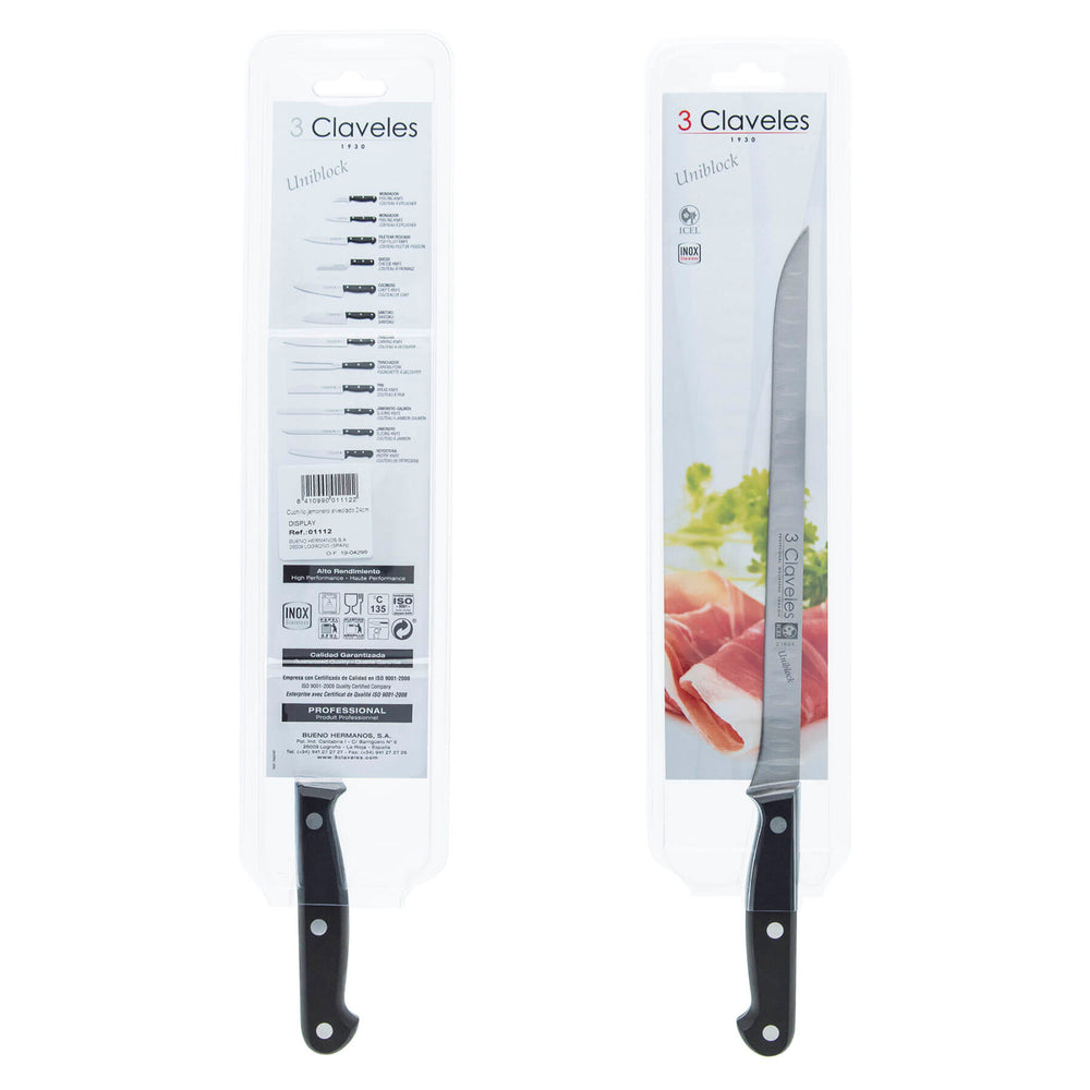 3 Claveles Uniblock - Cuchillo Jamonero Profesional Alveolado 24 cm Acero Inoxidable