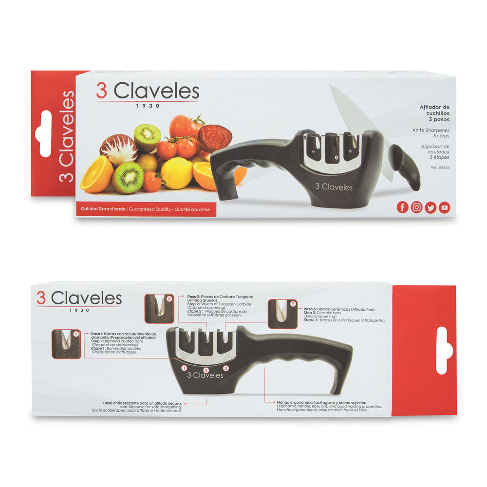 3 Claveles - Afilador Cuchillos 3 Pasos Mango Ergonómico. Diamante, Carburo y Cerámica