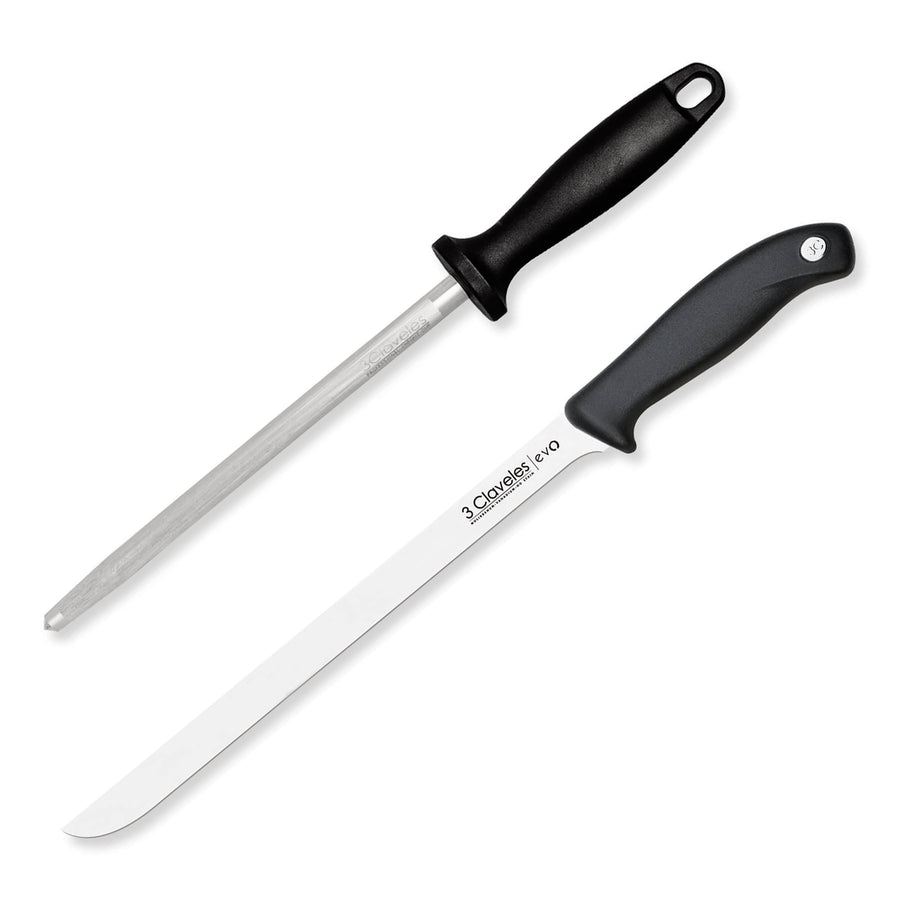 3 Claveles EVO - Set Cuchillo Jamonero Flexible de 25 cm con Chaira de 20 cm