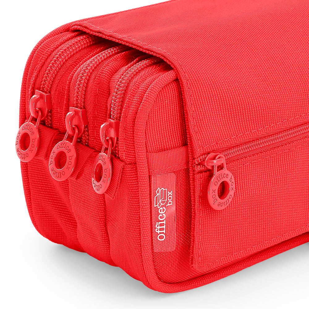 Estuche Escolar Triple Portatodo de Alta Capacidad con Tres Cremalleras. Rojo Coral