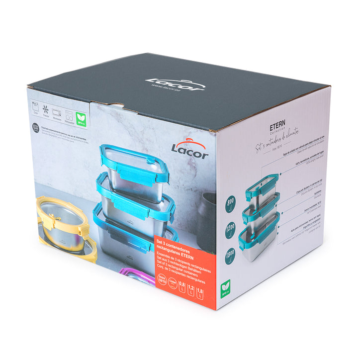 Lacor Etern - Lote de 3 Recipientes Rectangulares de 0.8L, 1.2L y 1.8L en Acero y Cristal Apto Microondas