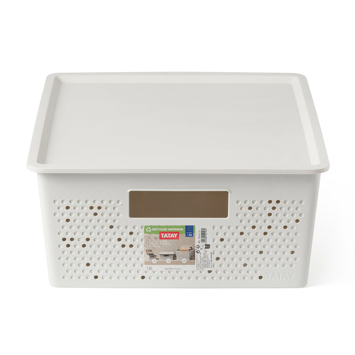 TATAY Bohol - Caja Organizadora Rectangular 12L Plástico Reciclado con Tapa. Sky White