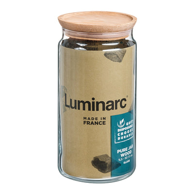 Luminarc Pure Jar - Juego de 2 Botes Redondos de 1.5L en Vidrio con Tapa de Madera