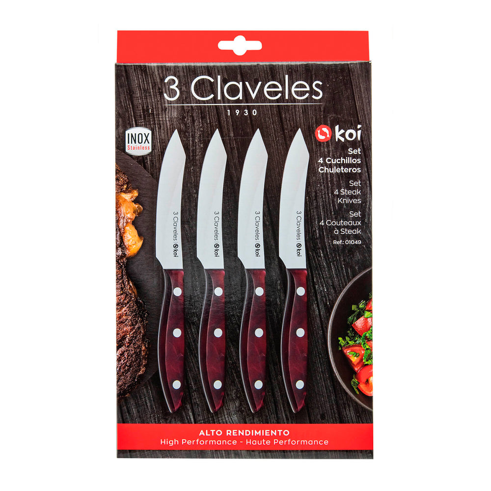 3 Claveles Koi - Set de 4 Cuchillos Chuleteros de 11.5 cm en Acero Inoxidable de Filo Liso