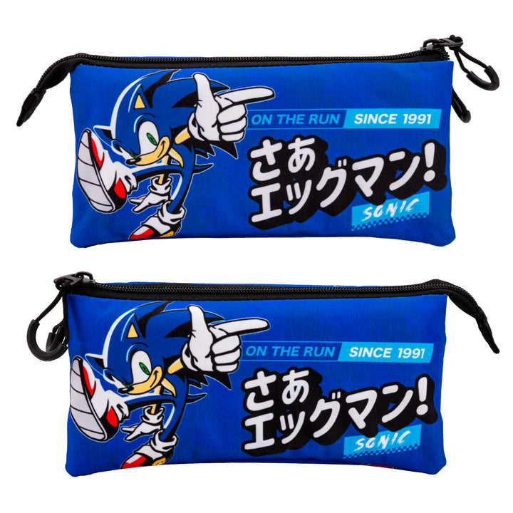 SONIC On The Run - Estuche Escolar Triple Portatodo con 2 Cremalleras. Azul