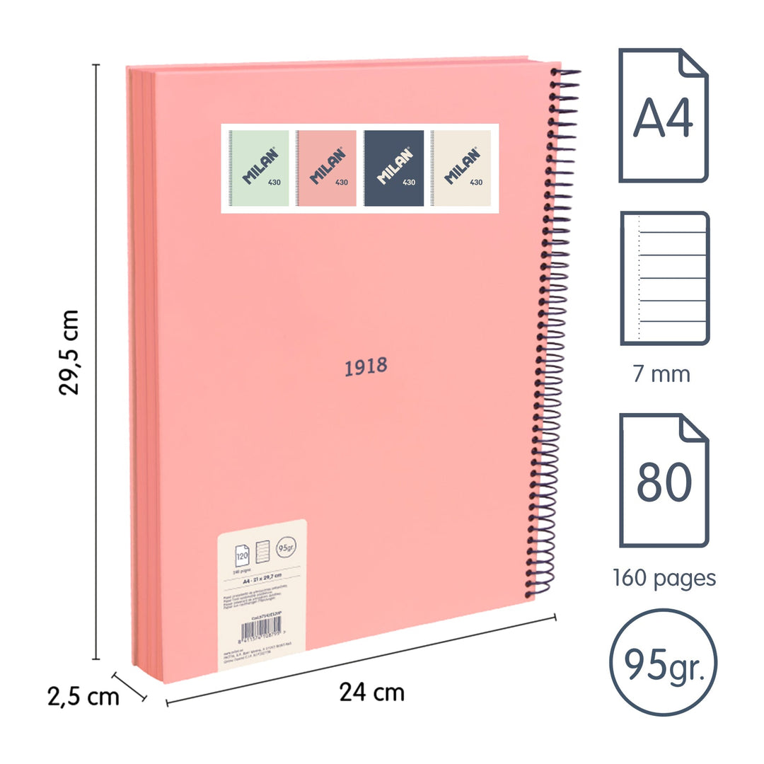 MILAN 430 - Cuaderno A4 Espiral y Tapa Dura. Papel Pautado 80 Hojas 95gr Rosa