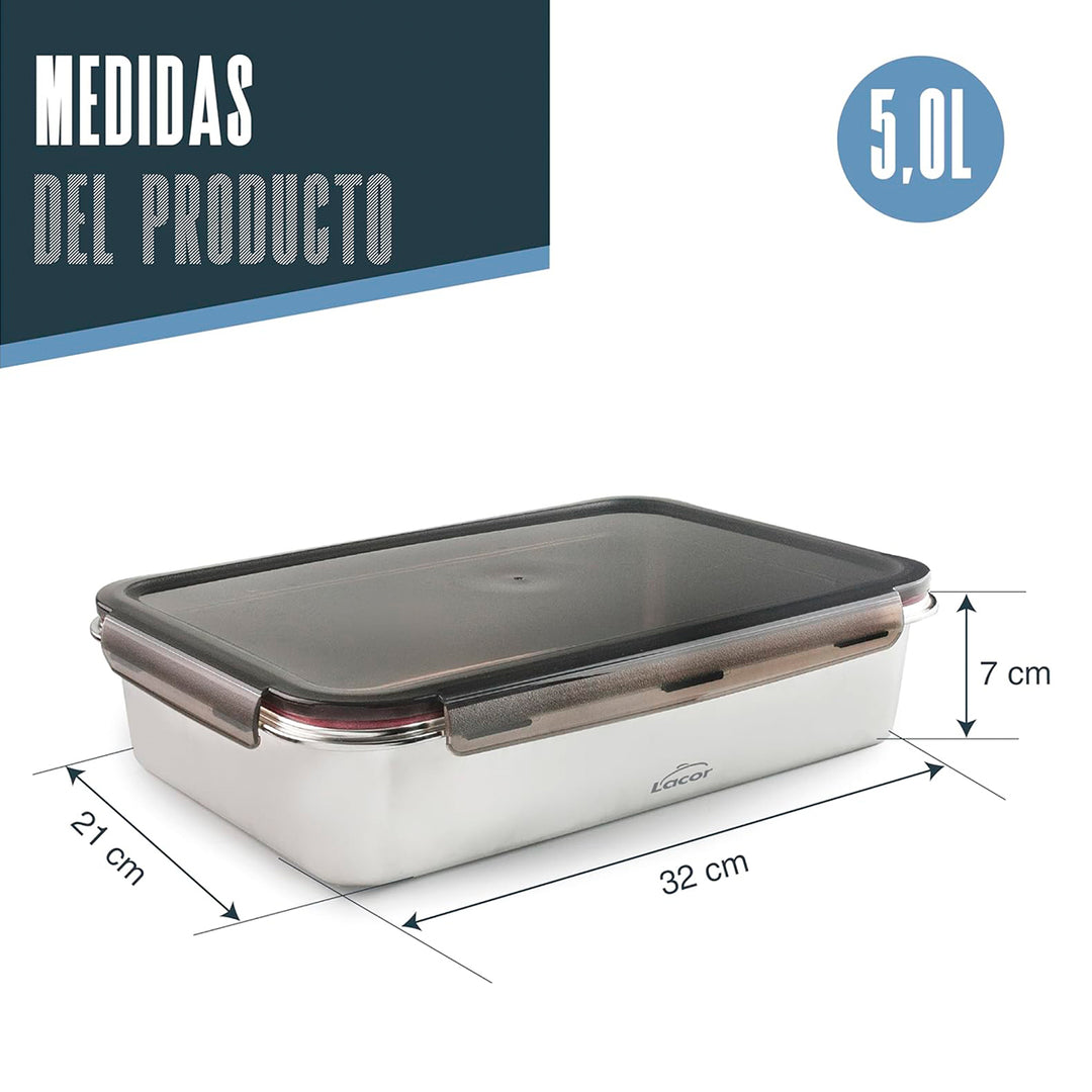 LACOR EcoInox Pro - Recipiente Rectangular de 5.0L en Acero Inoxidable. Apto Nevera y Horno
