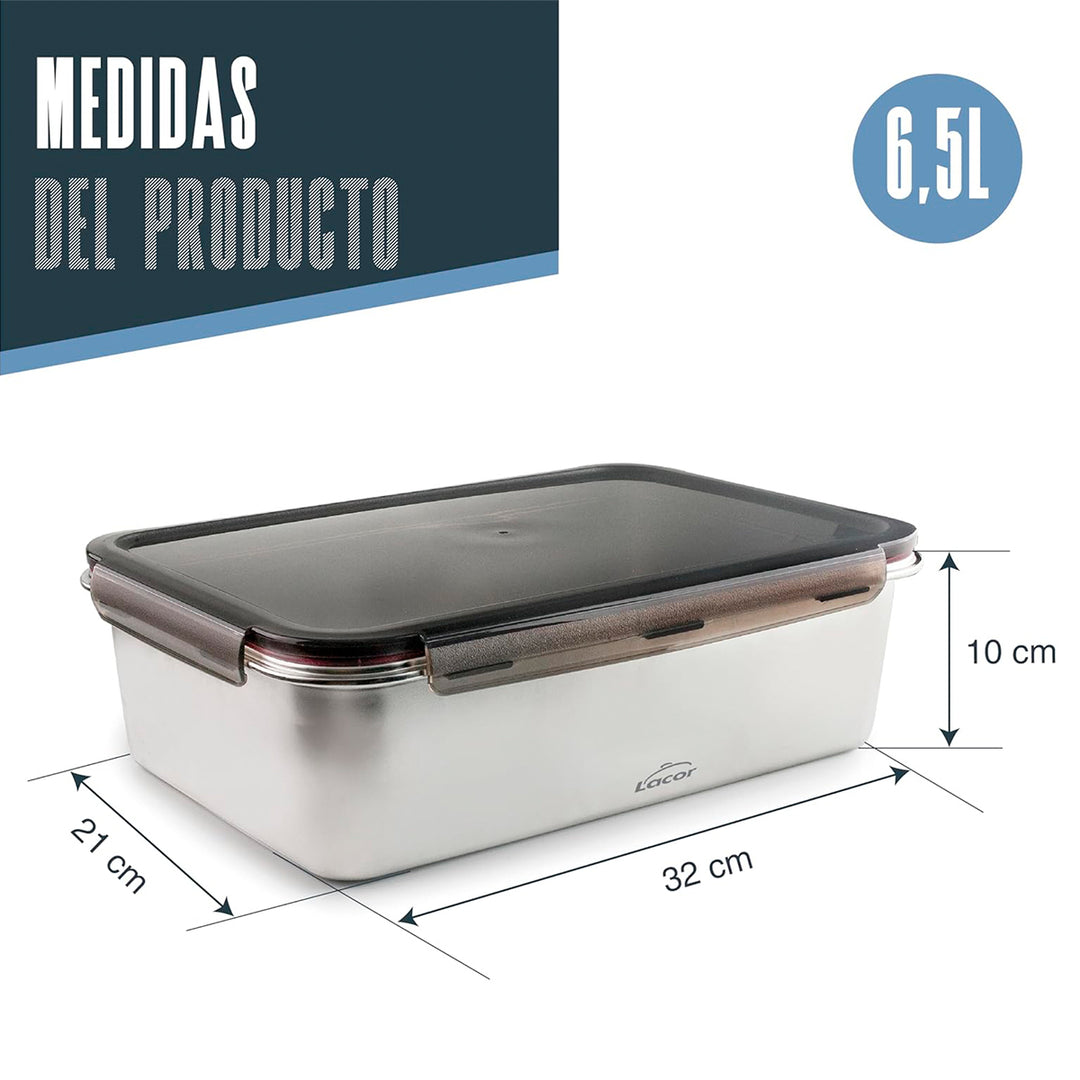 LACOR EcoInox Pro - Recipiente Rectangular de 6.5L en Acero Inoxidable. Apto Nevera y Horno