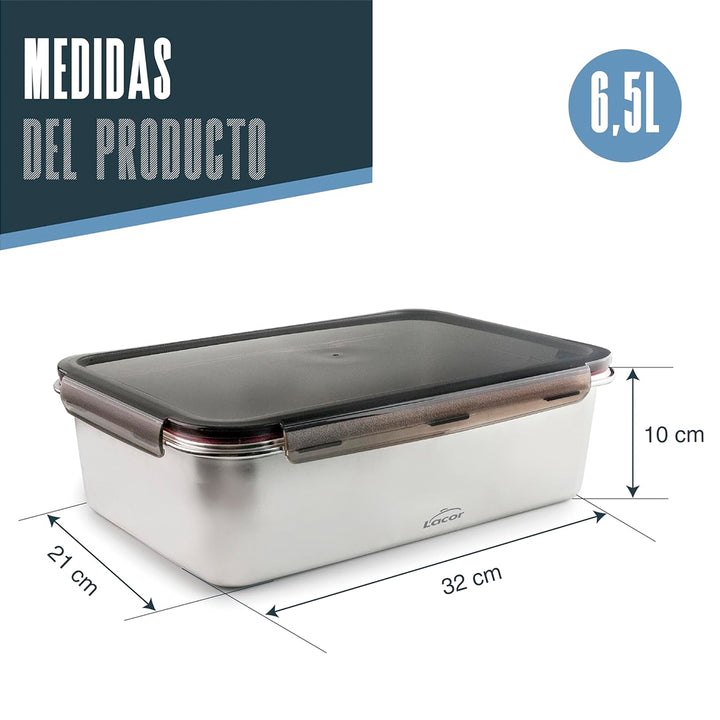 LACOR EcoInox Pro - Recipiente Rectangular de 6.5L en Acero Inoxidable. Apto Nevera y Horno
