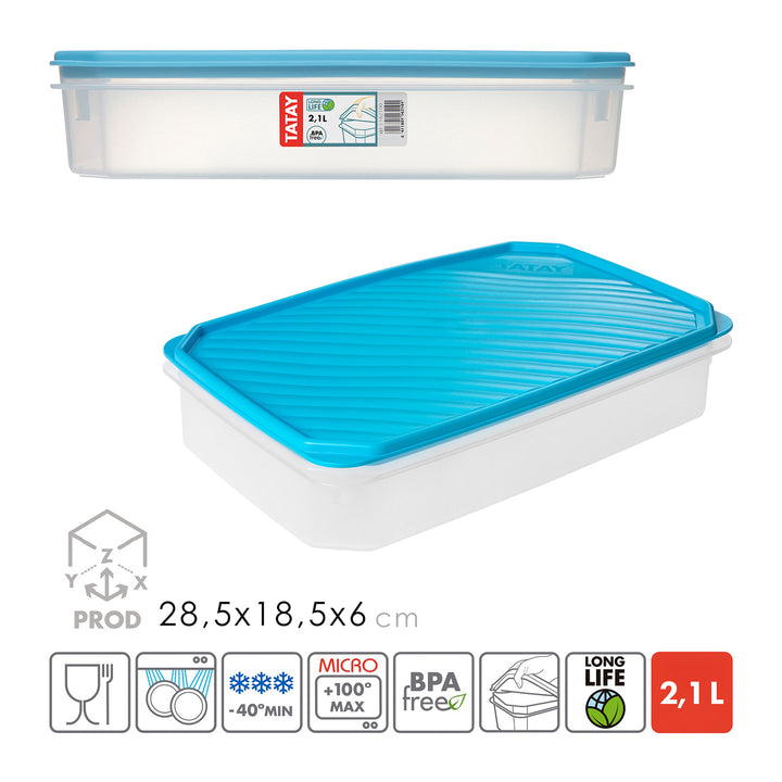 TATAY Top Flex - Recipiente Hermético Rectangular de 2.1L con Cierre a Presión. Turquesa