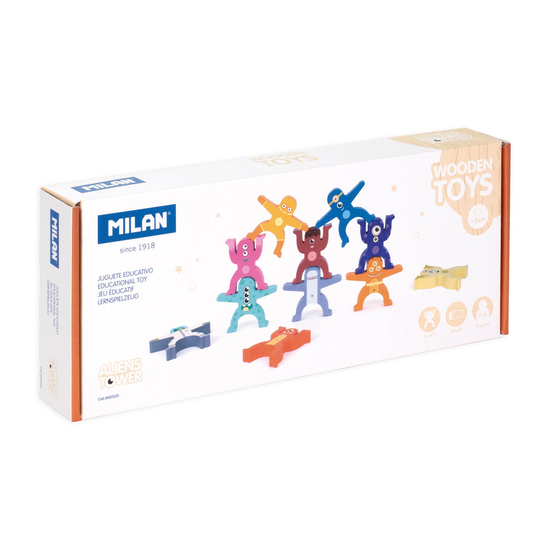 MILAN Aliens Tower - Juguete Educativo de Madera Torre de Figuras. Edad 36 Meses