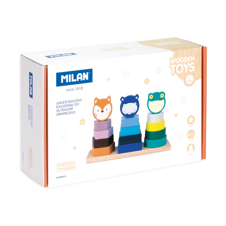 MILAN Animal Towers - Juguete Educativo de Madera Torres Apilables. Edad 12 Meses