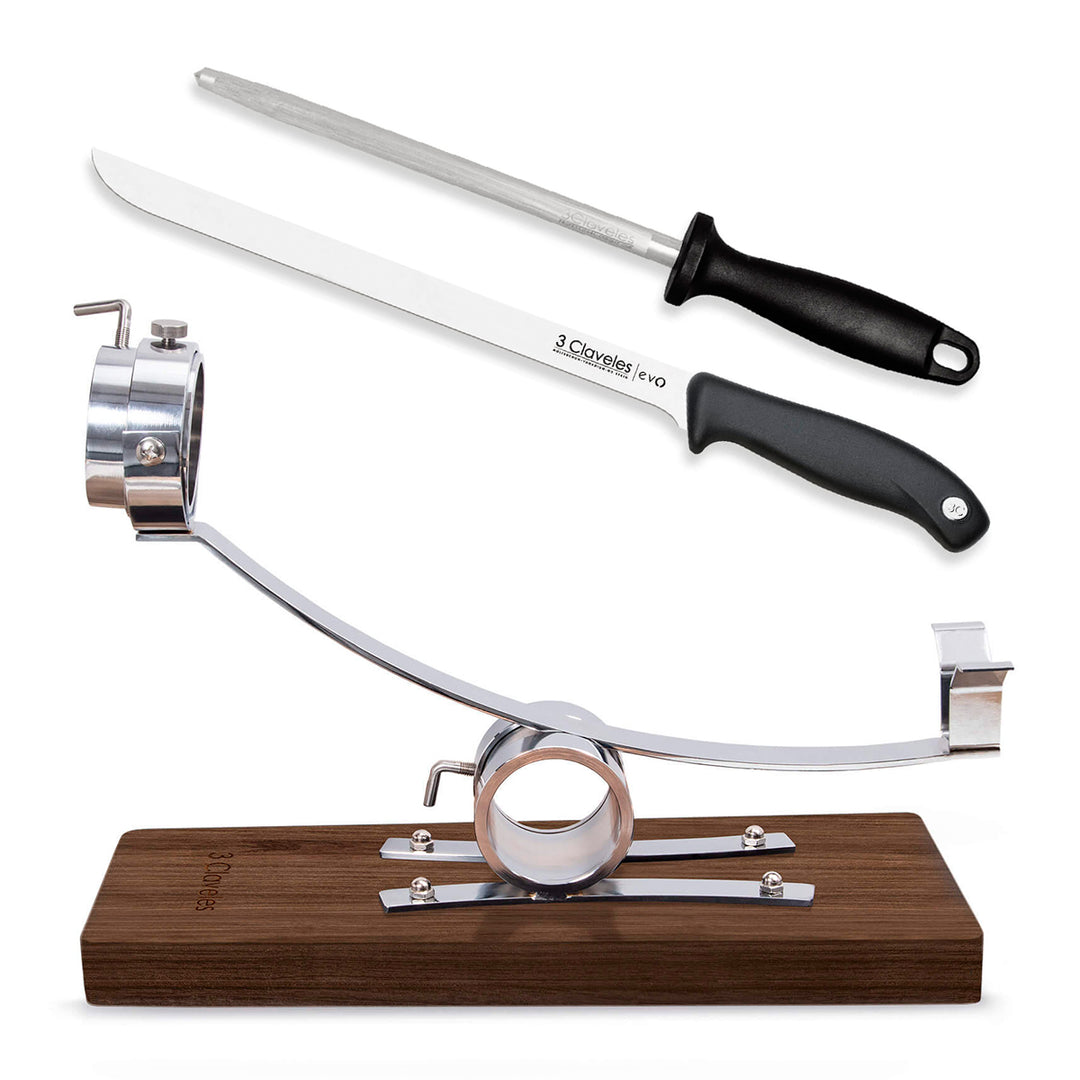 3 Claveles 01748 - Soporte Jamonero Basculante en Madera con Cabezal Giratorio y KIT EVO