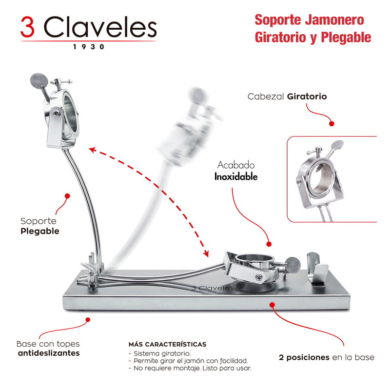 3 Claveles - Kit Soporte Jamonero Plegable en Acero Inoxidable con Cuchillos y Chaira