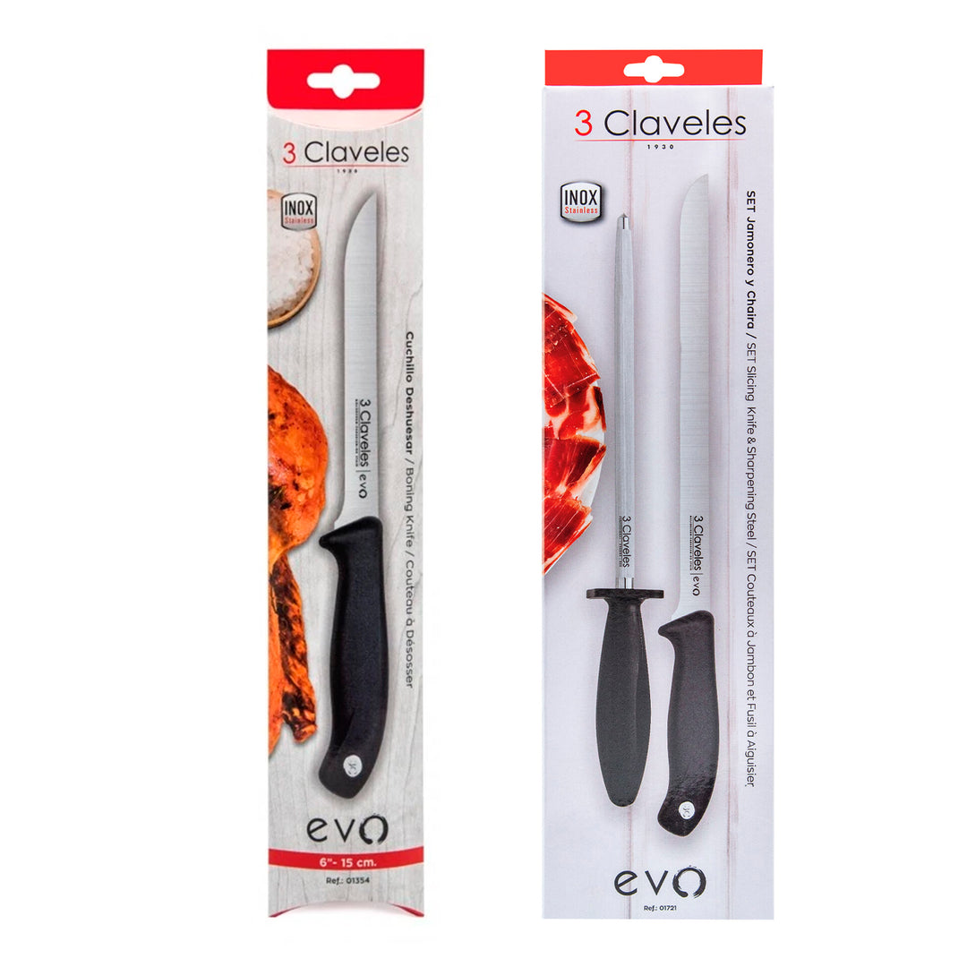 3 Claveles EVO - Set Cuchillo Jamonero de 25 cm Deshuesador de 15 cm y Chaira