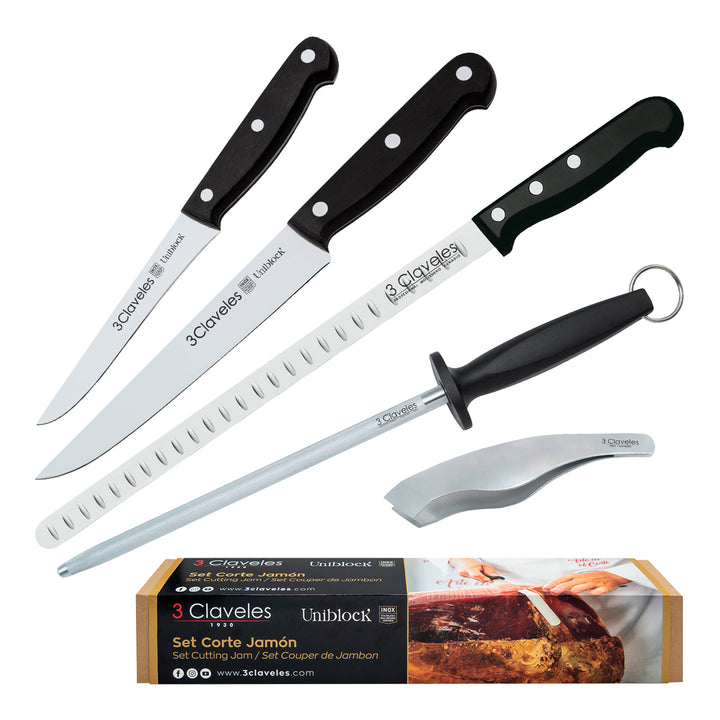 3 Claveles 01744 - Soporte Jamonero Basculante Bambú y Kit de Corte Profesional Uniblock