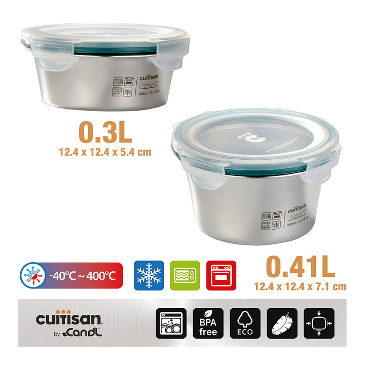 Cuitisan Simple - Lote de 4 Recipientes Redondos de 0.3L, 0.4L, 0.6L y 0.9L en Acero Apto Microondas