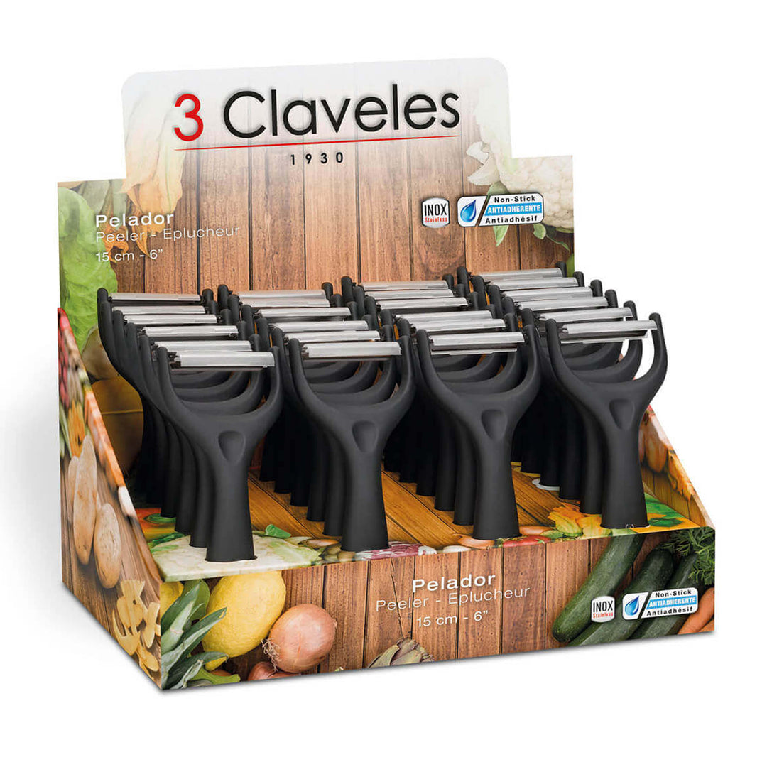 3 Claveles - Pelador de Patatas en Forma Y 15 cm en Acero Inoxidable Mango Soft. Negro