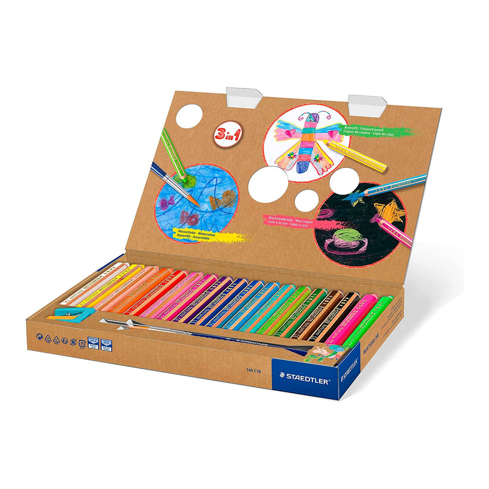  STAEDTLER Noris Junior - Caja de 18 Lápices de Colores Extra Gruesos. Incluye Sacapuntas y Pincel