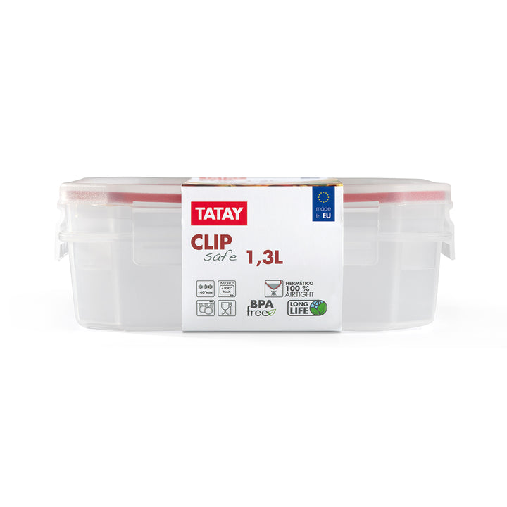 TATAY Clip Safe - Recipiente Hermético Cuadrado 1.3L con Cierre de Pestañas. Rojo