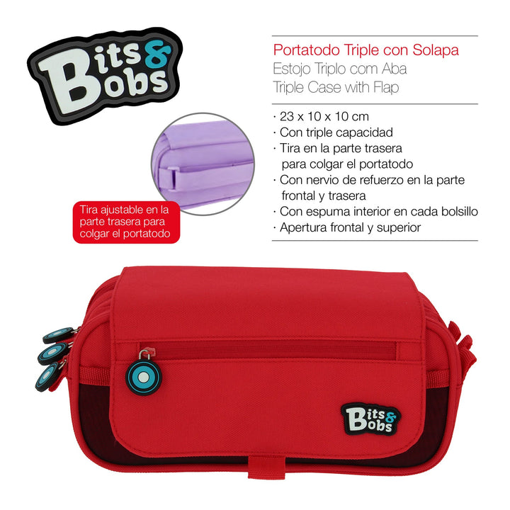 ColePack EcoBB - Estuche Triple de 3 Cremalleras con Material Escolar Incluido. Rojo