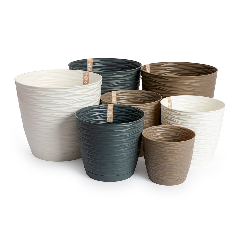 Areca Wind - Set de 4 Macetas Decorativas Redondas 15 cm con Platos Integrados. Taupe