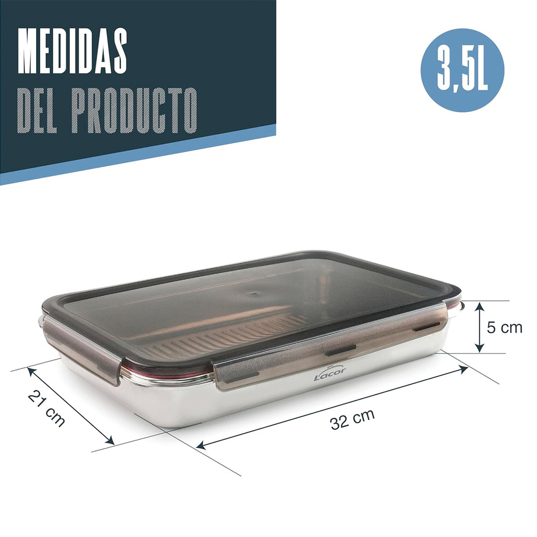 LACOR EcoInox Pro - Recipiente Rectangular de 3.5L en Acero Inoxidable. Apto Nevera y Horno