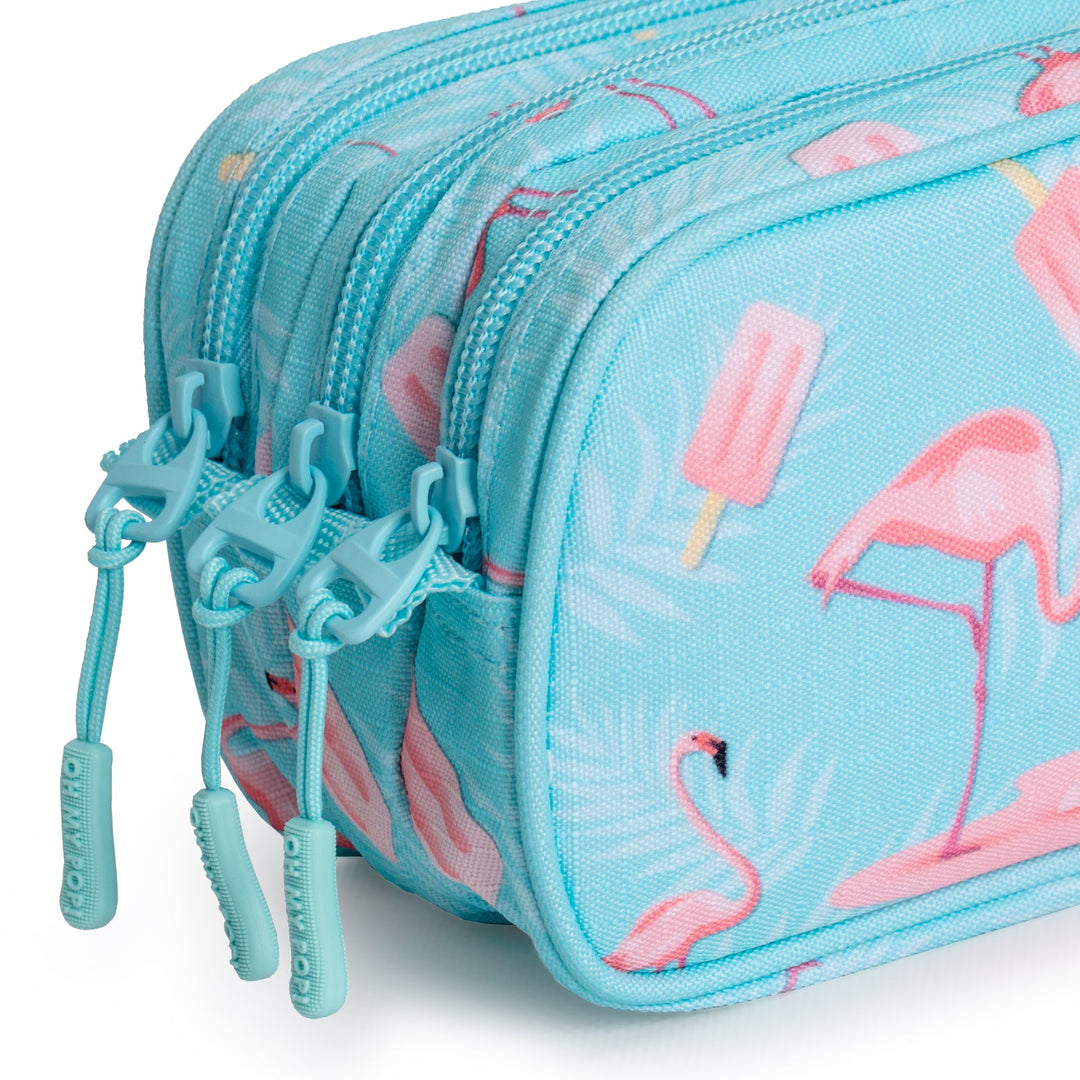 OH MY POP! Ice Flamingo - Estuche Escolar Triple Portatodo Tres Cremalleras TRICK FAN Turquesa