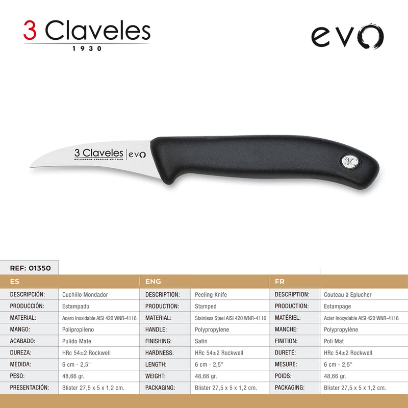 3 Claveles EVO - Cuchillo Mondador 6 cm Acero Inoxidable Mango Polipropileno