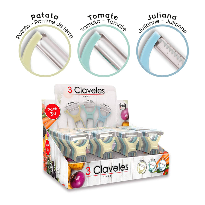 3 Claveles - Set de 3 Peladores en Forma Y en Acero Inoxidable. Colores Surtidos