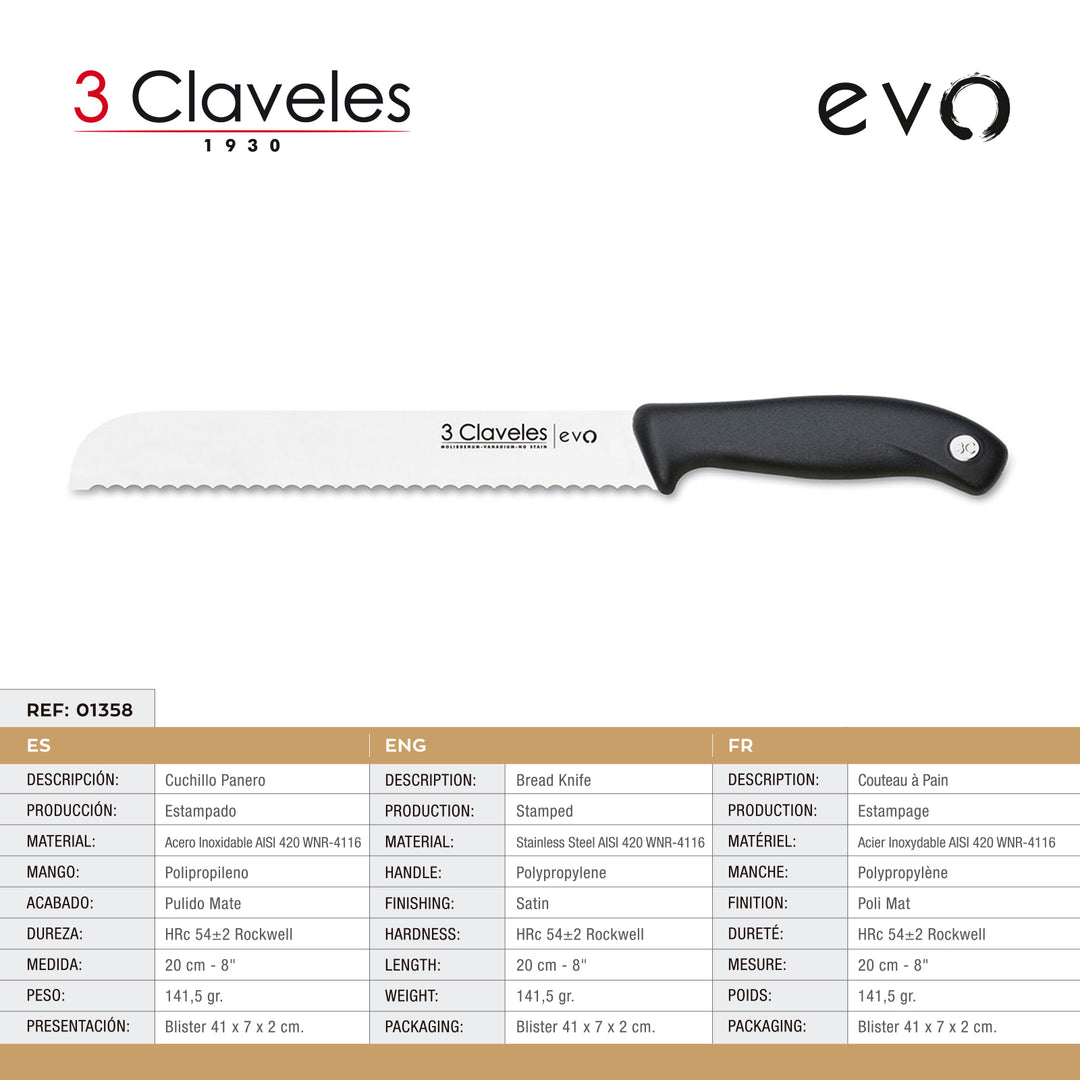 3 Claveles EVO - Cuchillo Panero de 20 cm Acero Inoxidable Mango Polipropileno