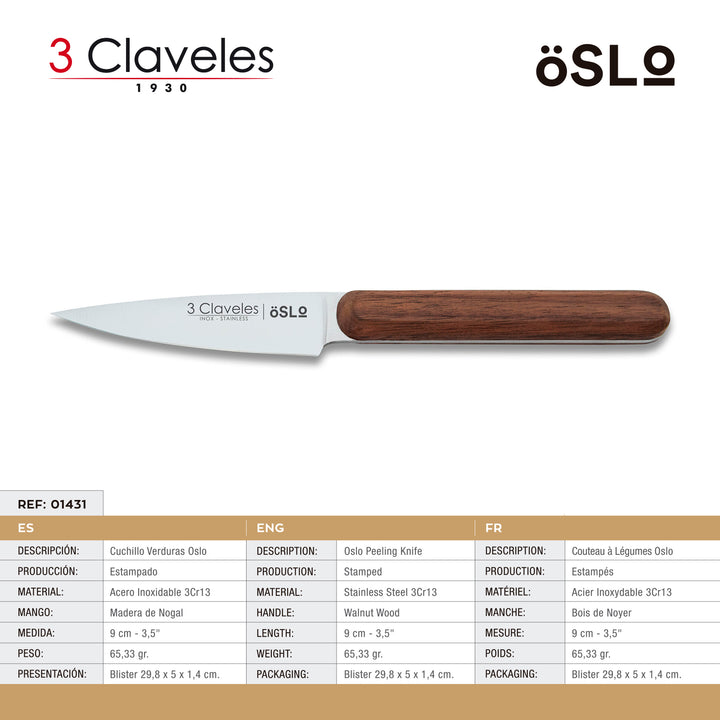 3 Claveles Oslo - Cuchillo Verduras 9 cm Acero Estampado y Mango Madera de Nogal