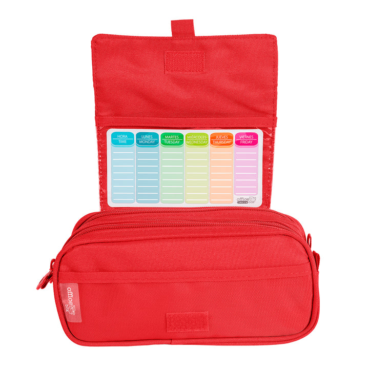 Estuche Escolar Triple Portatodo de Alta Capacidad con Tres Cremalleras. Rojo Coral