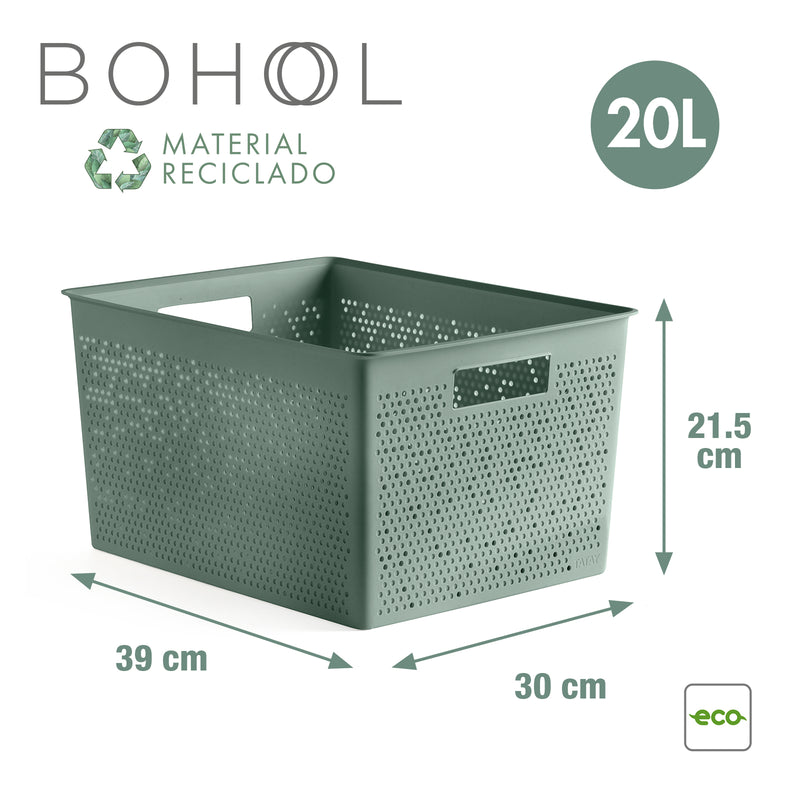 TATAY Bohol - Caja Organizadora Rectangular 20L Plástico Reciclado. Verde Sage