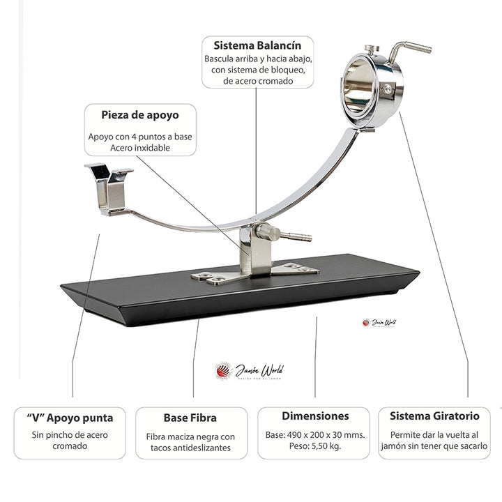 BELLO Gala - Soporte Jamonero Basculante Fibra y Acero Inoxidable Cabezal Giratorio. Granito