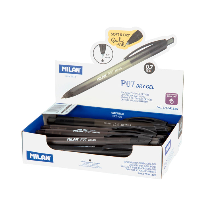 MILAN - Pack de 5 Bolígrafos Roller P07 Dry-Gel. Tinta Base Aceite Secado Rápido. Negro