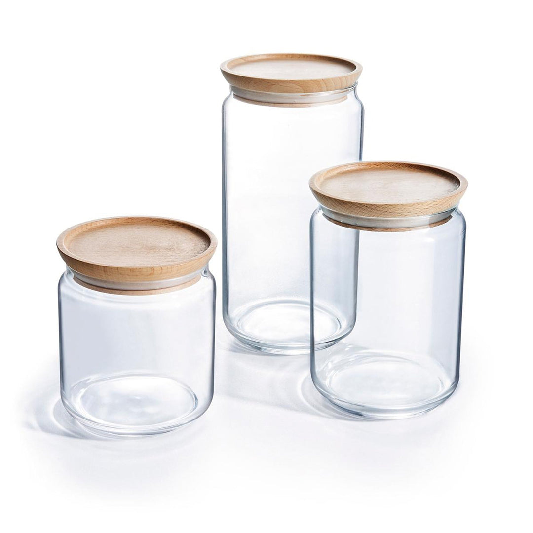 Luminarc Pure Jar - Juego de 2 Botes Redondos de 1.5L en Vidrio con Tapa de Madera