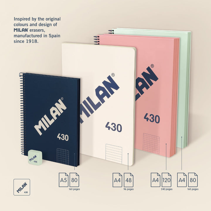 MILAN 430 - Cuaderno A4 Espiral y Tapa Dura. Papel Cuadriculado 80 Hojas 95gr Azul