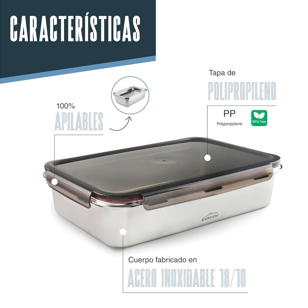 LACOR EcoInox Pro - Recipiente Rectangular de 5.0L en Acero Inoxidable. Apto Nevera y Horno