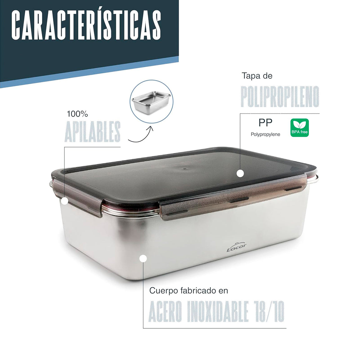 LACOR EcoInox Pro - Recipiente Rectangular de 6.5L en Acero Inoxidable. Apto Nevera y Horno