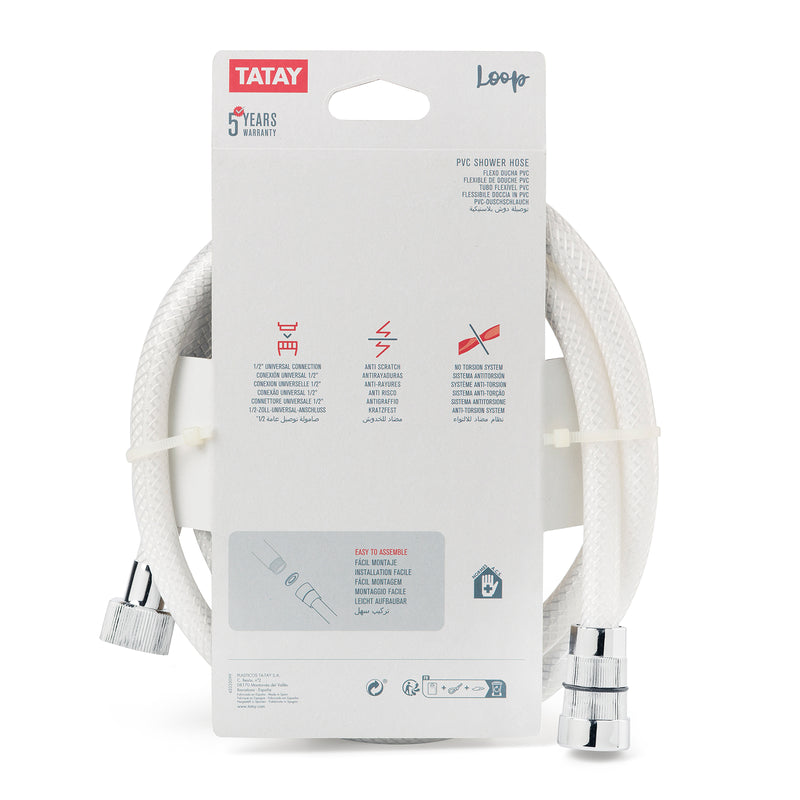 TATAY Loop - Flexo de Ducha Reforzado Anti-torsión y Anti-cal en PVC de 1.5 m. Blanco