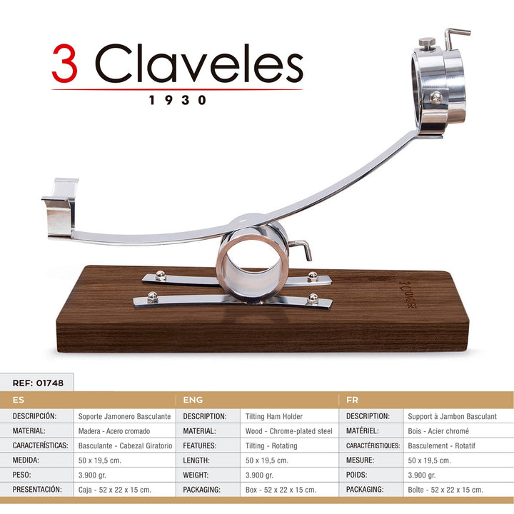 3 Claveles 01748 - Soporte Jamonero Basculante Madera y Kit de Corte Profesional Uniblock